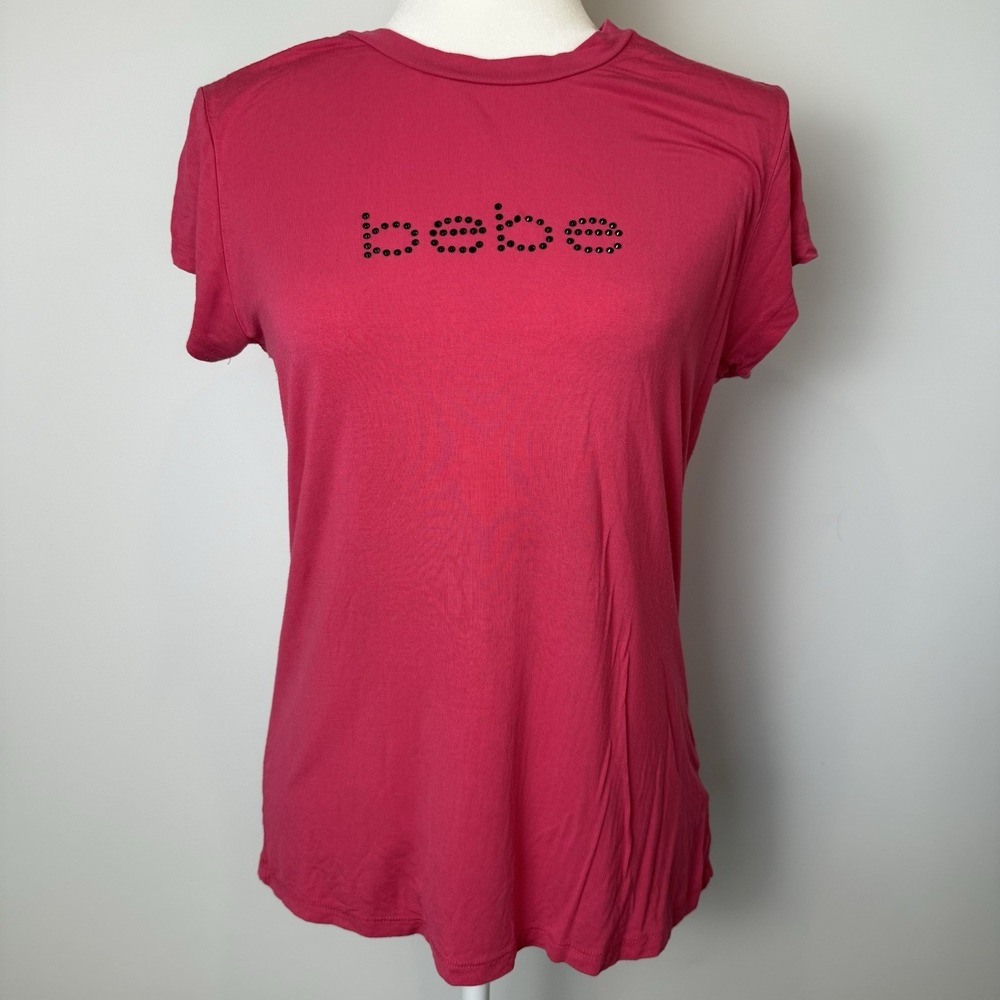 Vintage y2k 2000s BEBE Rhinestone‎ Grunge Logo Womens Top Pink Black Size LARGE